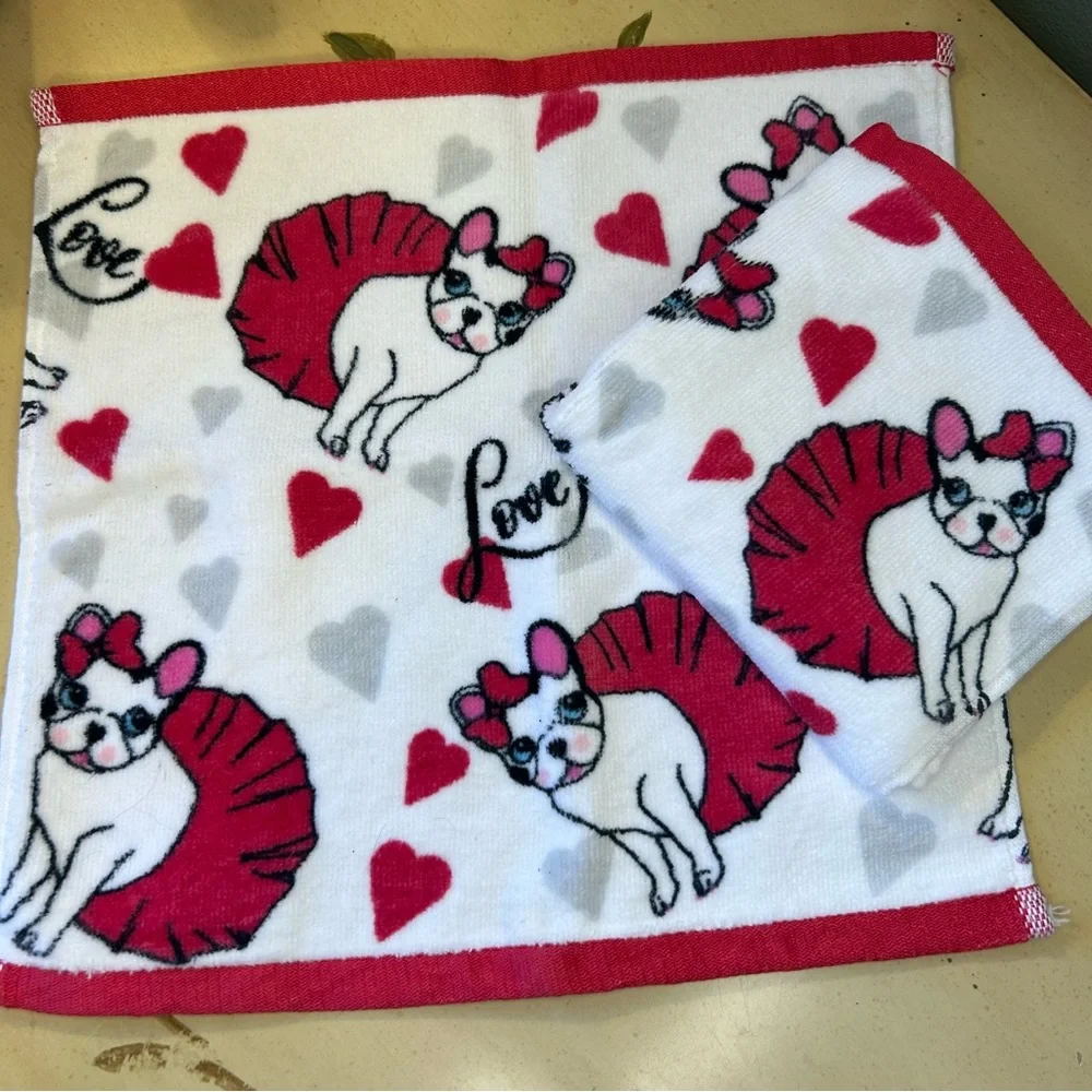 Bebe White French Bulldog Ballerina Tutu Hearts Love Wash Cloths Towels 2 NEW